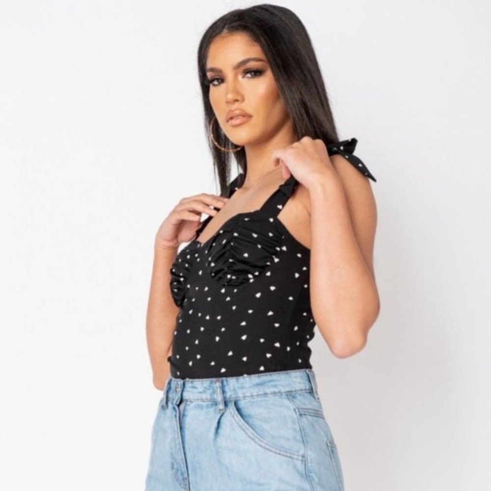 Black and White Heart Print Sleeveless Bustier Top Blouse - Picture 10 of 15